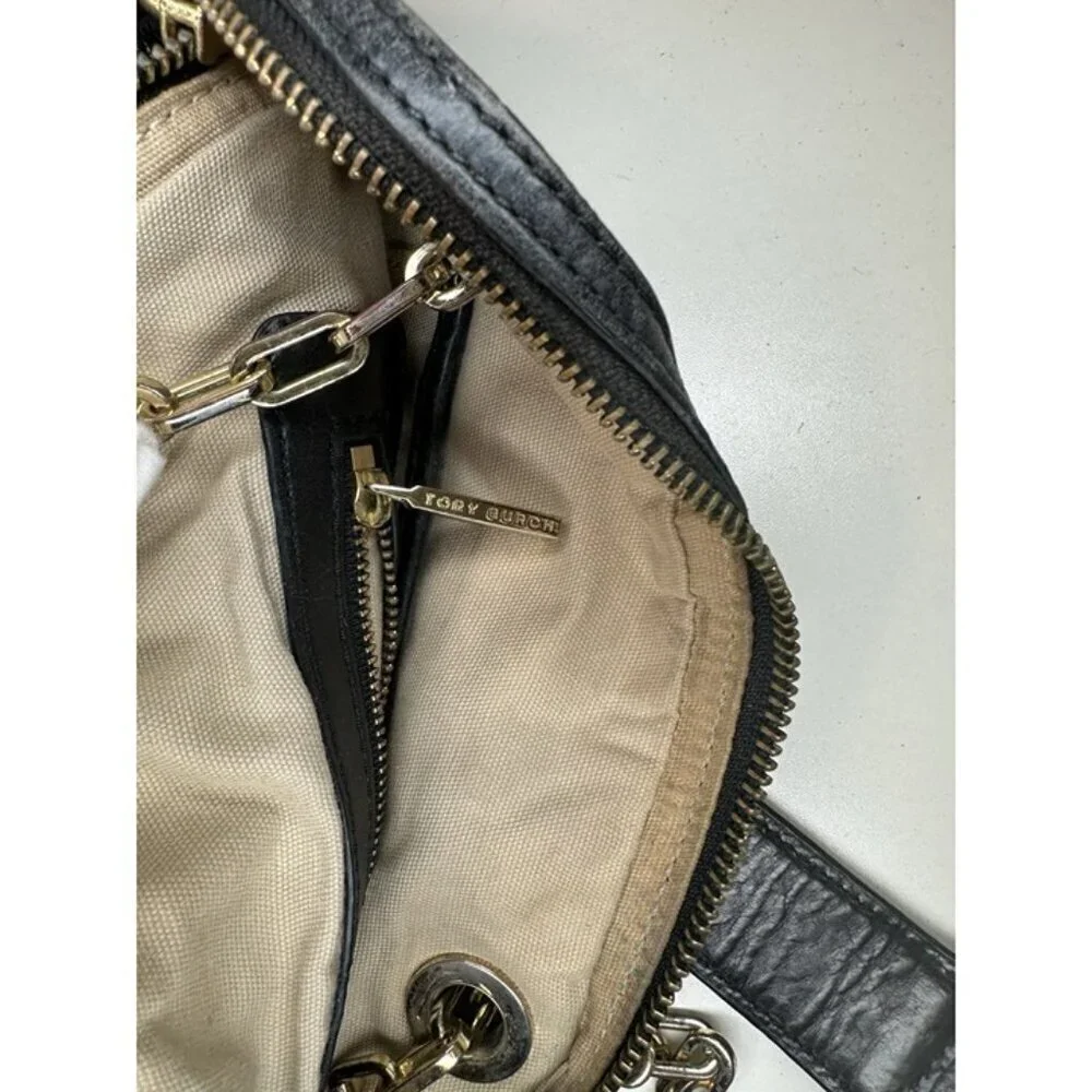 Tory Burch Dena Mini Black Crinkle Leather Crossbody Chain Bag